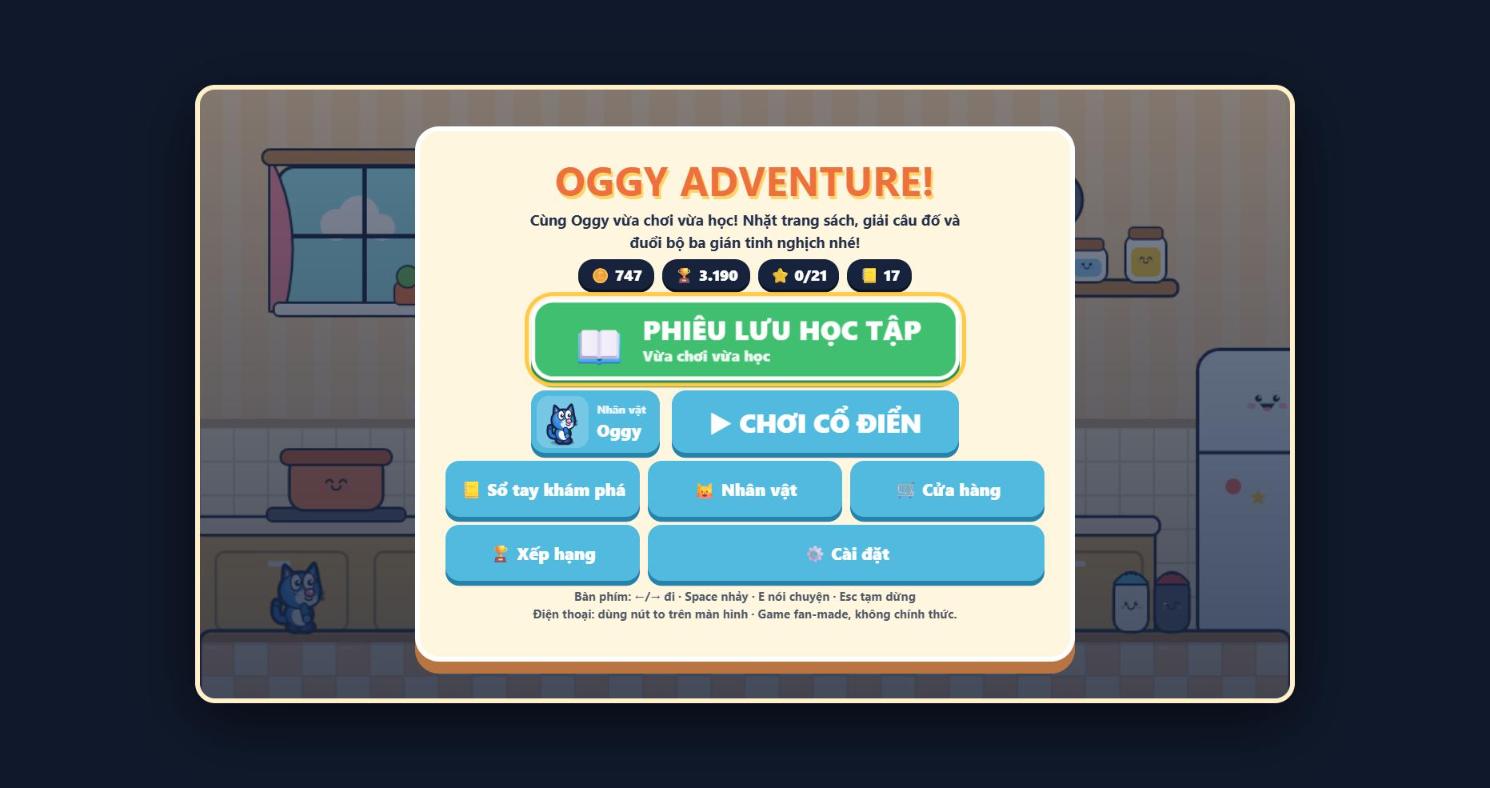 Màn hình menu chính của game Oggy Adventure: mèo Oggy và ba chú gián